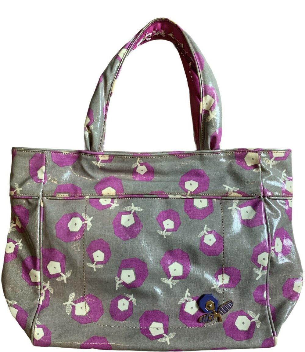 Juicy Couture Tote Vinyl Gray Purple White Flowers Bag Leather Trim